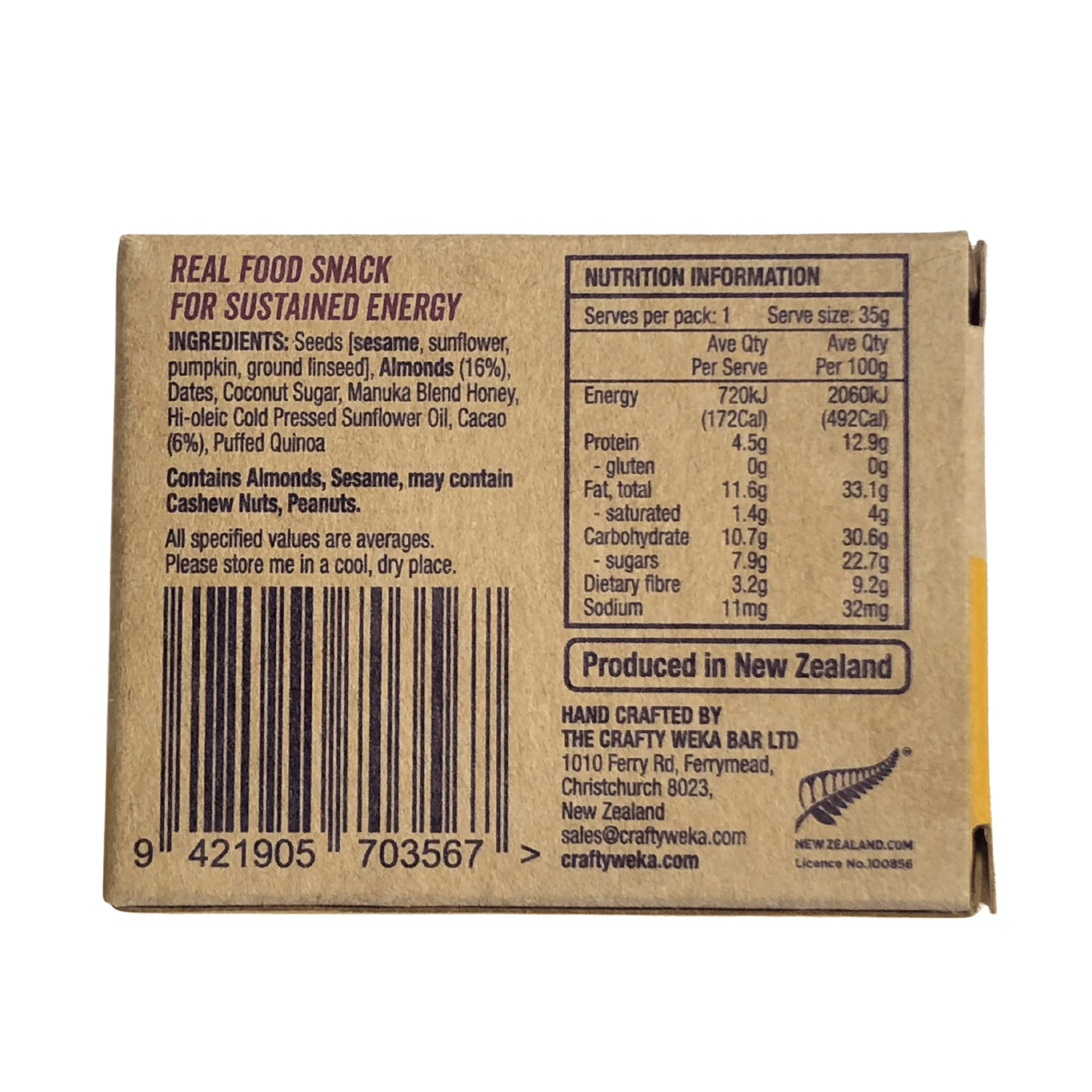 Energy Bars NZ | The Crafty Weka Almond And Cacao Gluten Free Bite - 30g | Further Faster Christchurch NZ