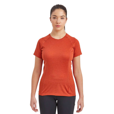 Montane Dart T-Shirt Womens | Base Layer and Hiking Tee | Further Faster Christchurch NZ #saffron-red