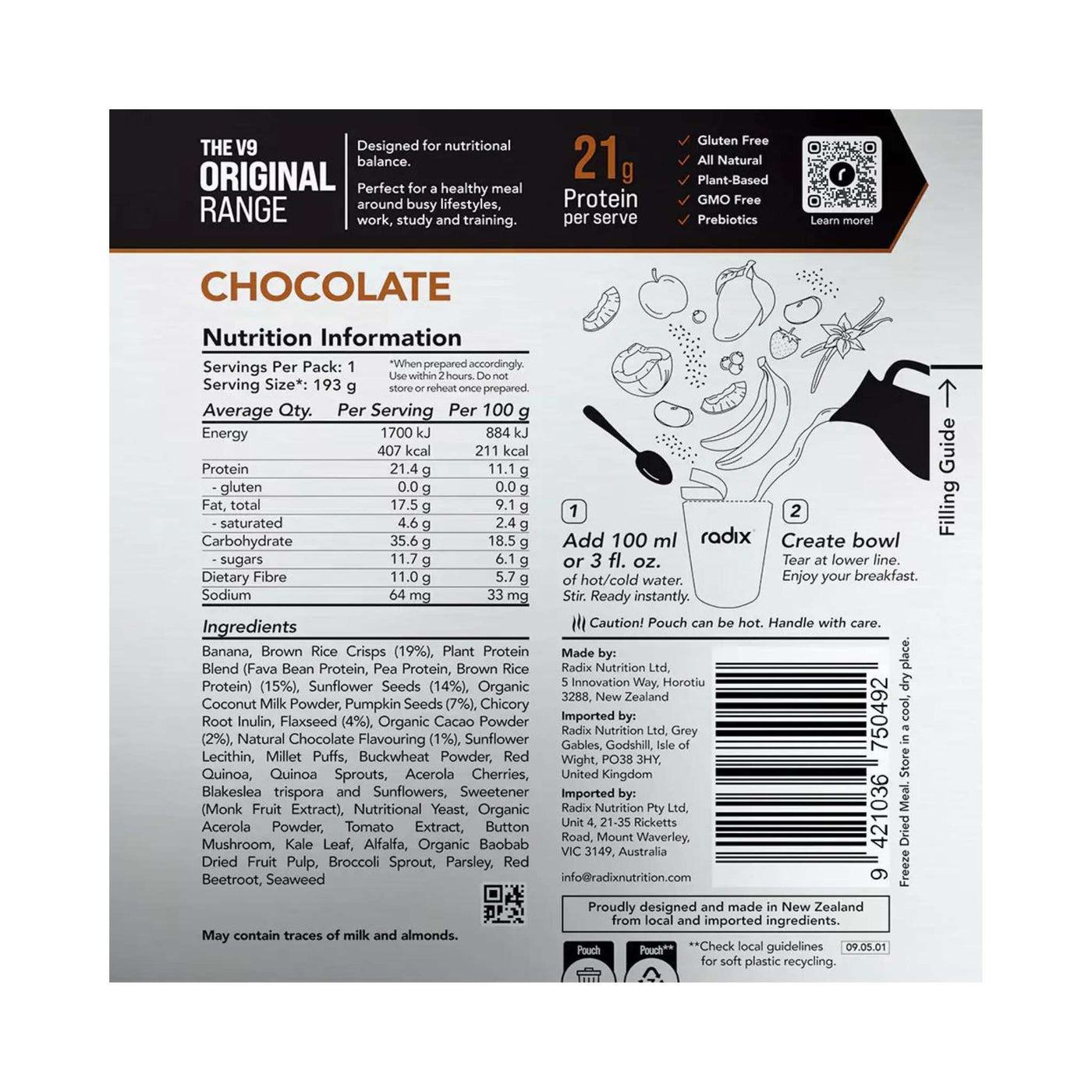 Radix Nutrition Original 400kcal Breakfast - Chocolate V9 | Freeze Dried Meals | Further Faster Christchurch NZ