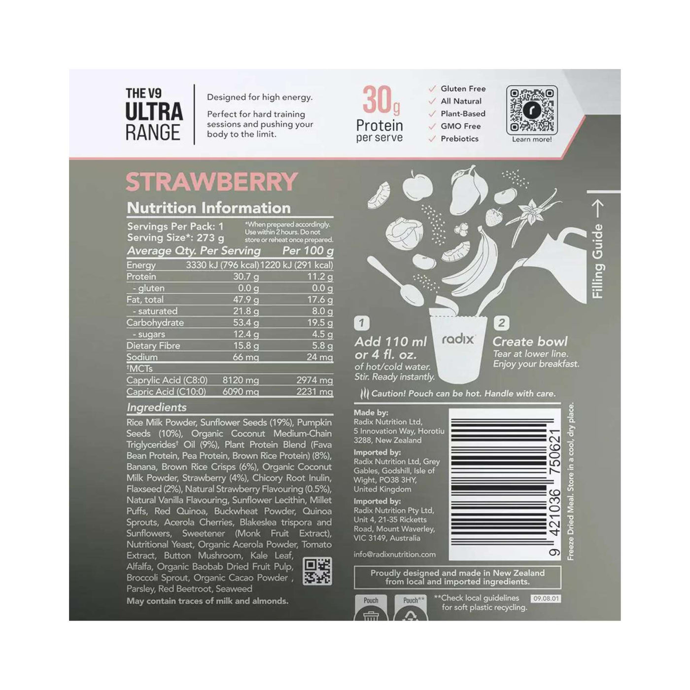 Radix Nutrition Ultra 800kcal Breakfast - Strawberry V9 | Freeze Dried Meals | Further Faster Christchurch NZ