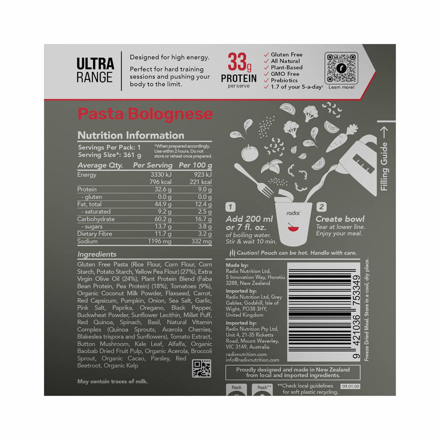Radix Nutrition Ultra 800cal Main Meal - Pasta Bolognese V9