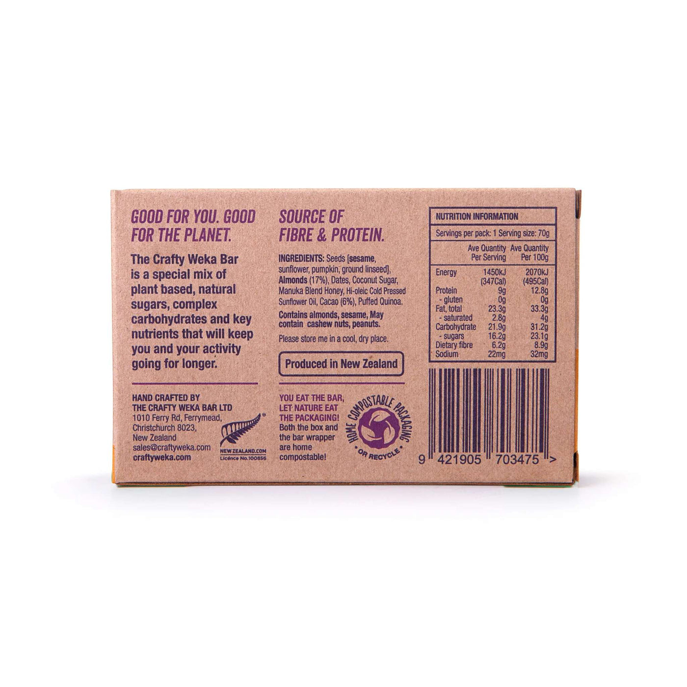 The Crafty Weka Almond and Cacao Bar Gluten Free - 70g | Energy Bars | Further Faster Christchurch NZ