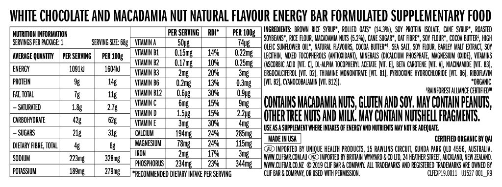 Clif Energy Bar White Chocolate Macadamia | Sports Nutrition & Energy Bars NZ | Clif Bar NZ | Further Faster NZ