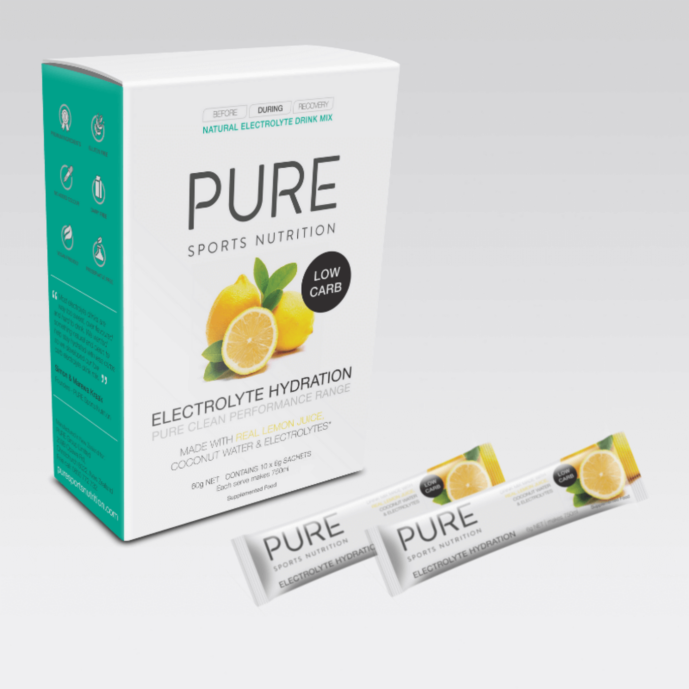 Pure Electrolyte Hydration Low Carb 6g Sachets (10 Pack) - Lemon | Electrolyte Trail Hydration & Nutrition | Further Faster Christchurch NZ