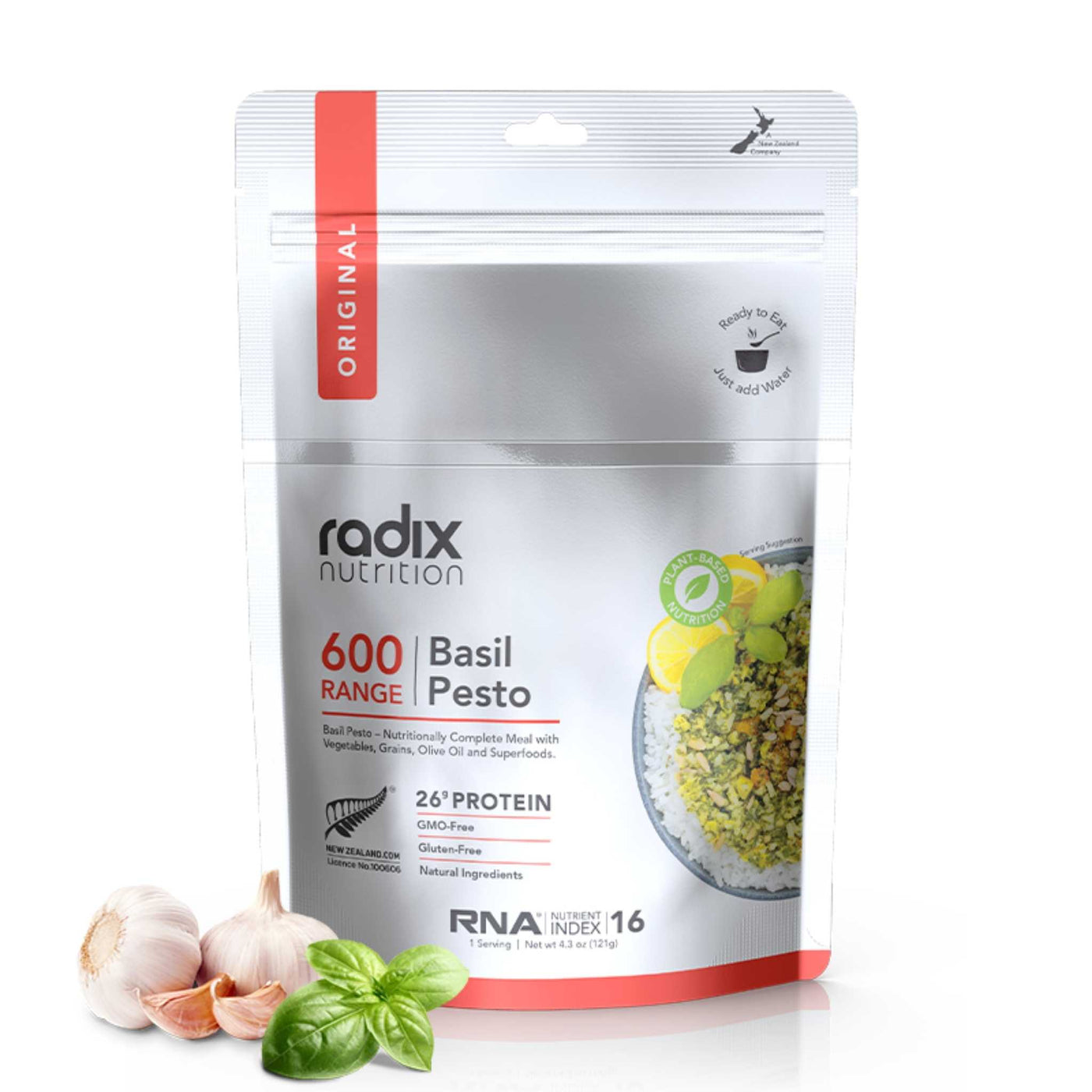 Radix Nutrition Original 600kcal Main Meal - Plant Based Basil Pesto V8 | Freeze Dried Backcountry Meals | Further Faster Christchurch NZ