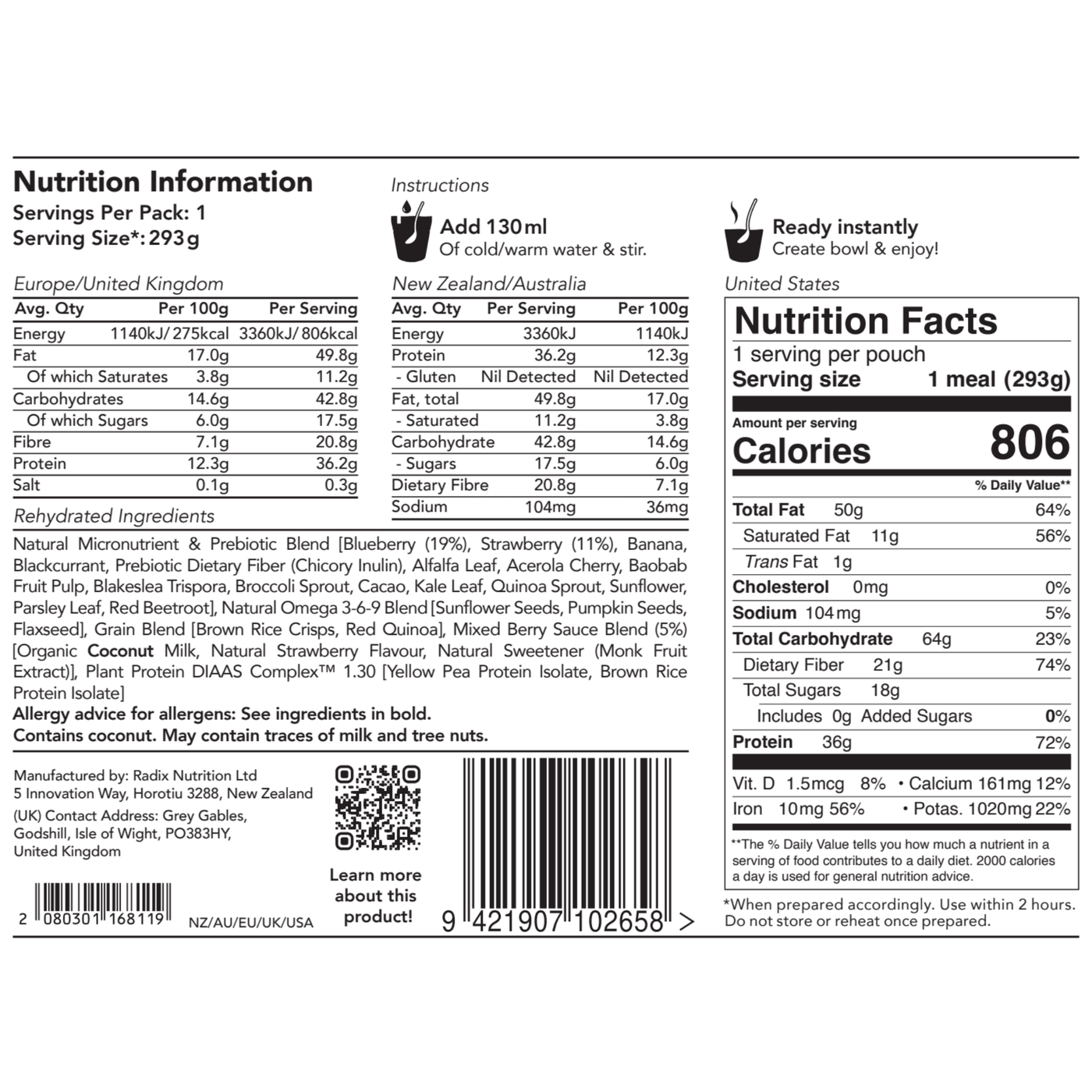 Radix Nutrition Ultra 800kcal Breakfast - Plant-Based Mixed Berry V8 | Freeze Dried Meals | Further Faster Christchurch NZ