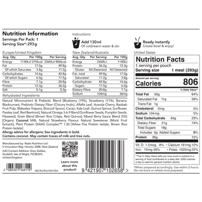 Radix Nutrition Ultra 800kcal Breakfast - Plant-Based Mixed Berry V8 | Freeze Dried Meals | Further Faster Christchurch NZ