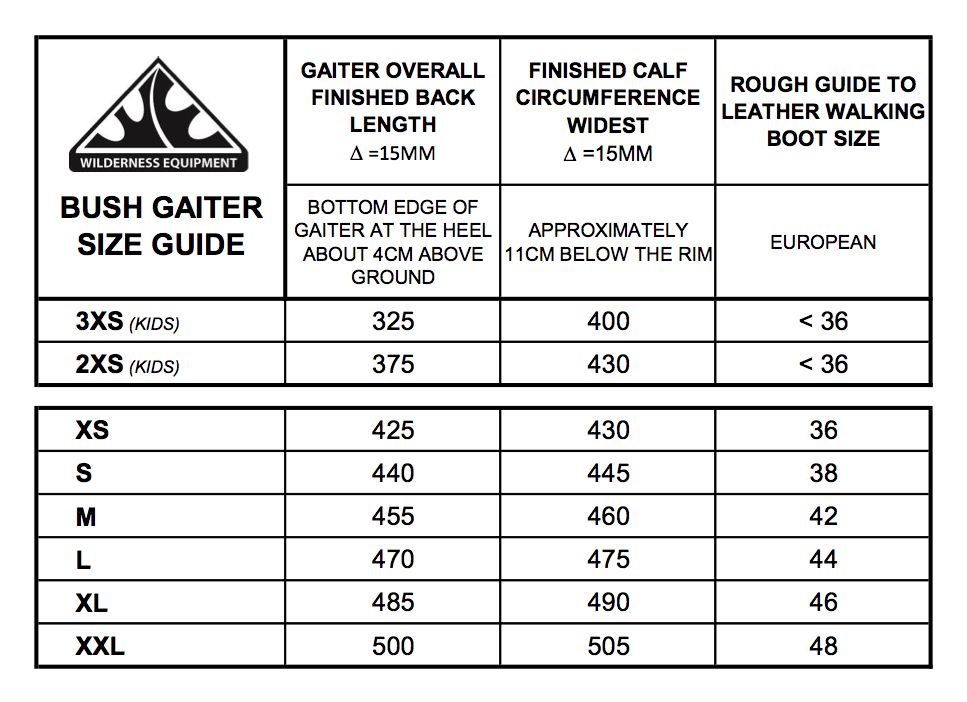 Wilderness Equipment Bush Gaiter Charol and Black Size Chart available at Further Faster NZ